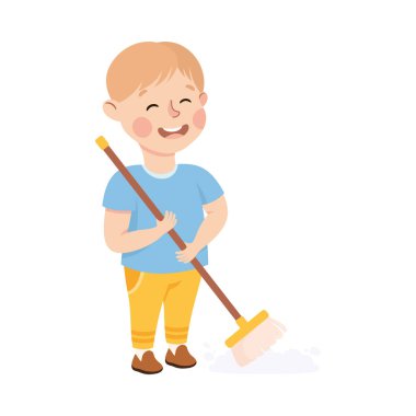 Yerleri süpüren sevimli çocuk, ailesine ev işlerinde yardım eden çocuk ya da çizgi roman tarzı vektör ilüstrasyonu yapan çocuk.
