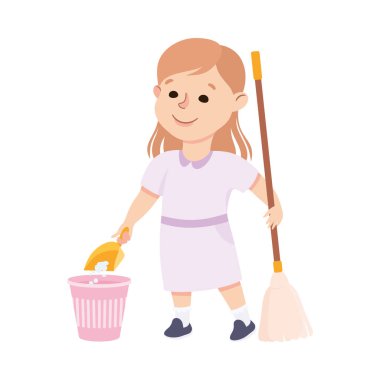 Süpürge ve kepçeyle yerleri süpüren sevimli kız, Ev işlerinde ailesine yardım eden çocuk ya da Çizgi Roman Çizgi Filmi Tarzı Vektör İllüzyonu