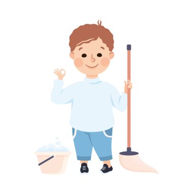 Yerleri paspaslayan sevimli çocuk, Ev işlerinde ailesine yardım eden çocuk ya da Çizgi Film Tarzı Vektör İllüstrasyonu