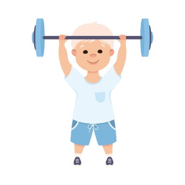 Sevimli Çocuk Halter kaldırıyor, Spor Yapan Çocuk, Aktif Sağlıklı Yaşam Tarzı Çizgi Film Stili Çizim Çizimi