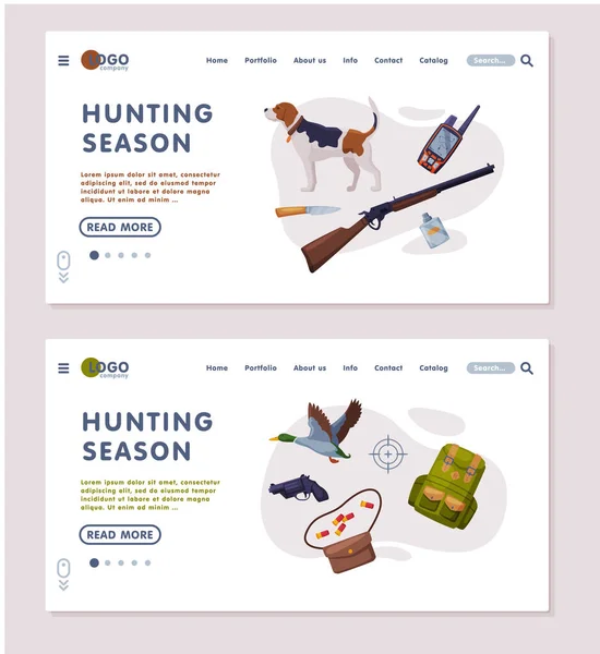 Jakt Säsong Landning Sida Mallar Set, Hunter Tackles and Equipment Website, Mobile App Interface Flat Vector Illustration — Stock vektor