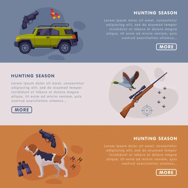 Hunting Season Landing Page Horizontal Templates Set, Hunting Attributes, Tackles and Equipment Website Interface Vector Illustration — Vetor de Stock