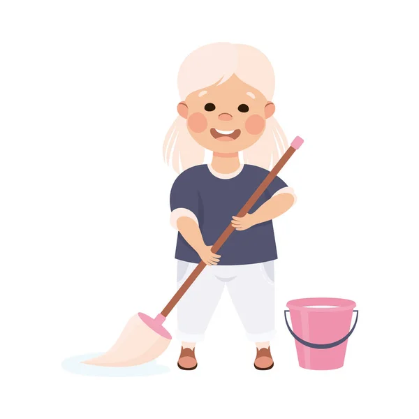 Cute Girl Mopping the Floor with Mop, Kid Helping her Parents with Housework or Doing Household Chores Cartoon Style Vector Illustration — Stock Vector