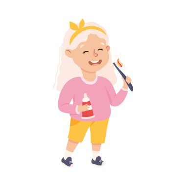 İyi terbiye almış itaatkar kız Sabah Vektör İllüstrasyonunda dişlerini fırçalıyor