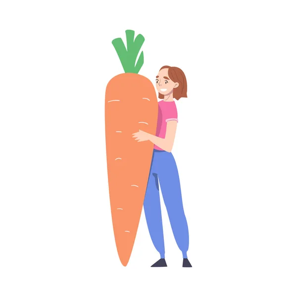 Happy Smiling Girl Holding Huge Carrot, Happy Easter Concept Cartoon Style Vector Illustration — Stock Vector