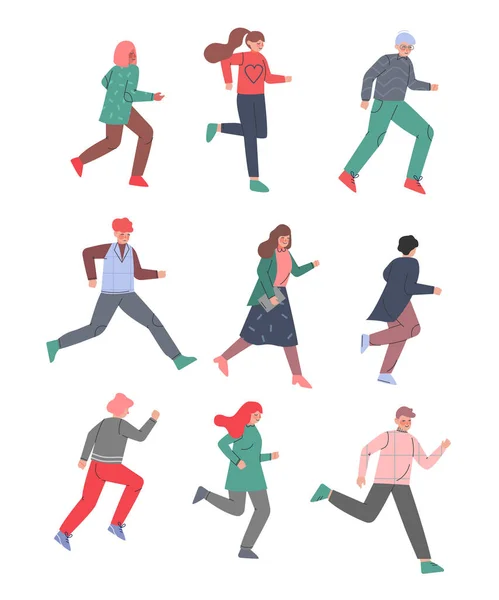 People Characters Running and Pushing Forward in a Hurry Vector Illustration Set — Stock Vector