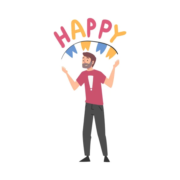 笑顔の男とともに彼の頭の上に手紙,休日のシンボルを持つ人,幸せな誕生日のコンセプト漫画スタイルベクトルイラスト — ストックベクタ