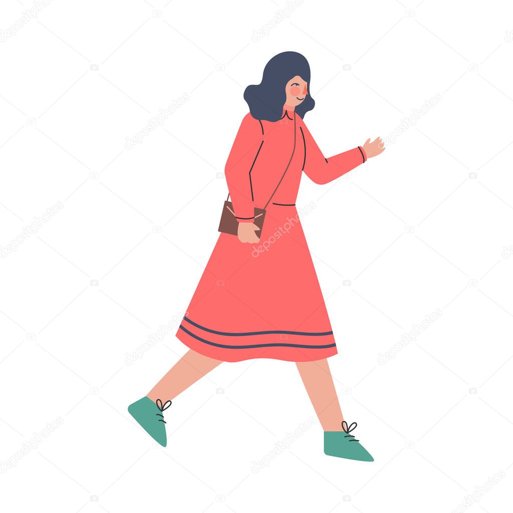 Young Female Trotting and Running Ahead in a Hurry Vector Illustration