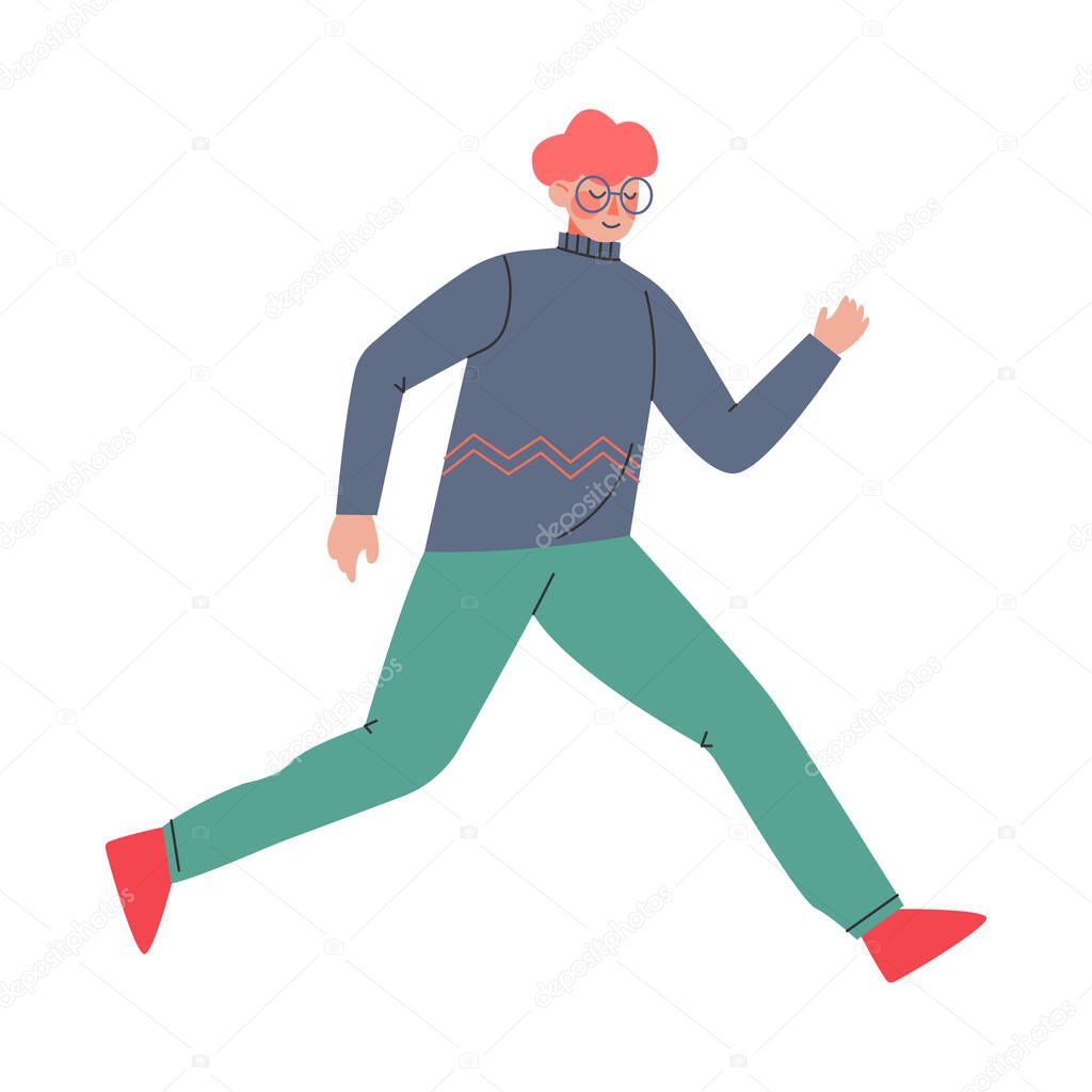 Young Male in Glasses Trotting and Running Ahead in a Hurry Vector Illustration