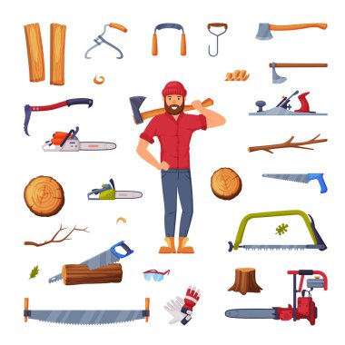 Kırmızı Gömlekli Adam Oduncu ve Ahşap Kesici Ekipman Vektörü