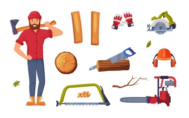 Kırmızı Gömlekli Adam Oduncu ve Ahşap Kesici Ekipman Vektörü