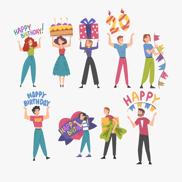 Fröhliche Menschen mit Feiertagssymbolen Set, Happy Birthday Konzept Cartoon Style Vector Illustration — Stockvektor