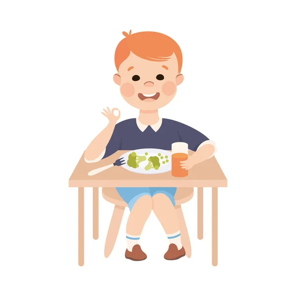 Gehoorzame jongen met goede fokken aan keukentafel Gezond ontbijt eten Vector Illustratie — Stockvector