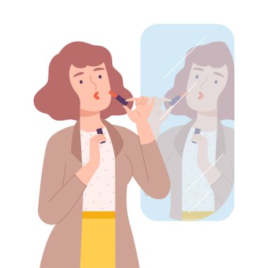 Ruj süren genç bir kadın, Makyaj yapan bir kız Aynalı Çizgi Film Biçimli Vektör İllüzyonunda kendine bakıyor