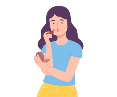 Ruj süren genç bir kadın, Yüzüne Makyaj Yapan bir kız Çizgi Film Tarzı Vektör İllüzyonu