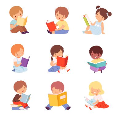 Küçük Çocuklar Kitap Okuyor, Sevimli Kızlar ve Oğlanlar Yerde Oturuyor ve Edebiyat Çizgi Filmi Biçimlendirme İllüstrasyonunun Zevkini Çıkartıyor