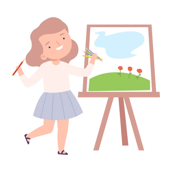 Cute Girl Painting Natural Landscape on Canvas, Little Artist Character Drawing on Easel with Paints Cartoon Style Vector Illustration — Stock Vector