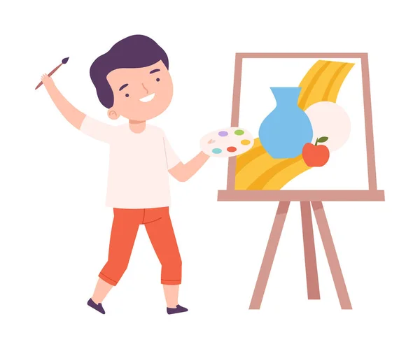 Cute Boy Painting Still Life on Canvas, Little Artist Character Drawing on Easel with Paints Cartoon Style Vector Illustration — Stock Vector