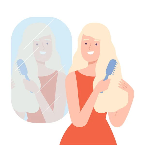 Bela loira jovem mulher pentear seu cabelo olhando para si mesma no espelho Desenhos animados estilo Vector Ilustração —  Vetores de Stock