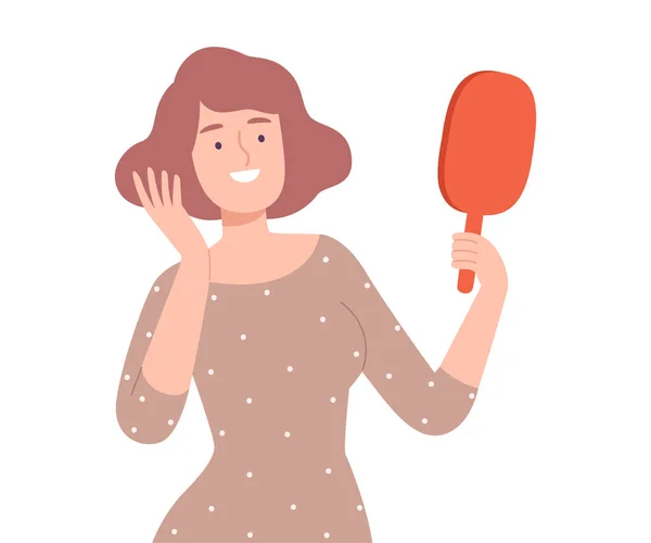 Mulher jovem tocando seu cabelo enquanto olha para si mesma no espelho Desenhos animados Estilo Vector Ilustração —  Vetores de Stock