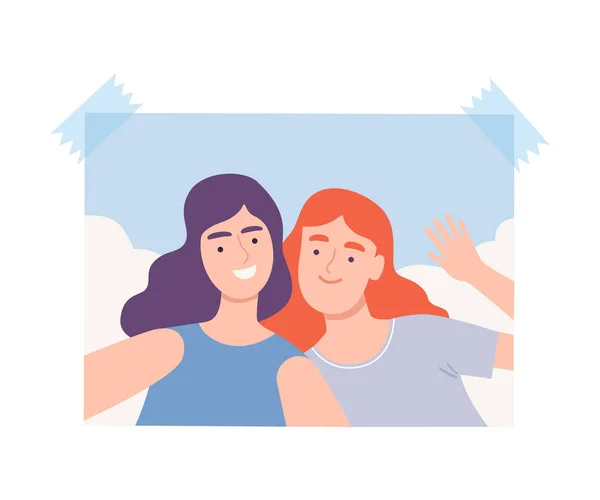 Shot of Smiling Teenage Girls Making Selfie Using Smartphone, Friends Spending Time Together and Photographing Cartoon Vector Illustration — Stockový vektor