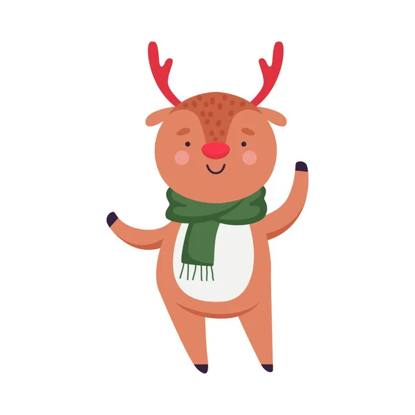 Renifer z poroża w ciepłym szaliku jako znak bożonarodzeniowy Waving Hoof Vector Ilustracja — Wektor stockowy