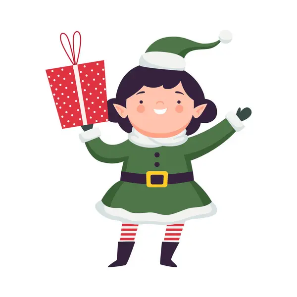 Fairy Girl Elf in Green Hat and Striped Stocking Holding Gift Box Vector Illustration — Stock Vector