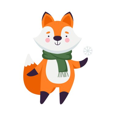 Noel Karakteri Orange Fox Sıcak Atkıda Düşen Kar Tanesi Vektör Resimlerinin tadını çıkarıyor