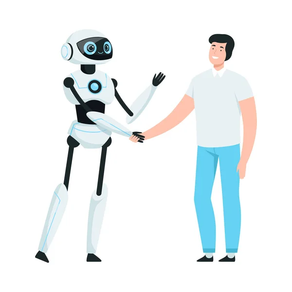 Sonriente moderno humanoide o robótico dispositivo sacudiendo las manos con el hombre Vector ilustración — Archivo Imágenes Vectoriales