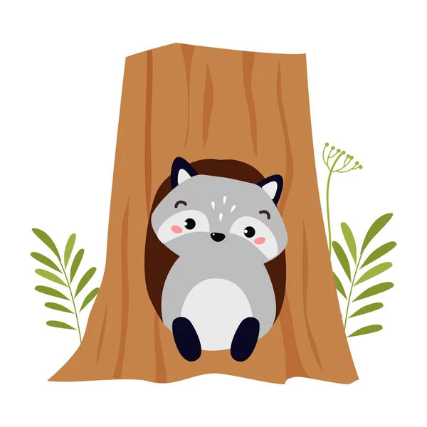 Mapache divertido como animal del bosque salpicado de árbol hueco Vector ilustración — Vector de stock