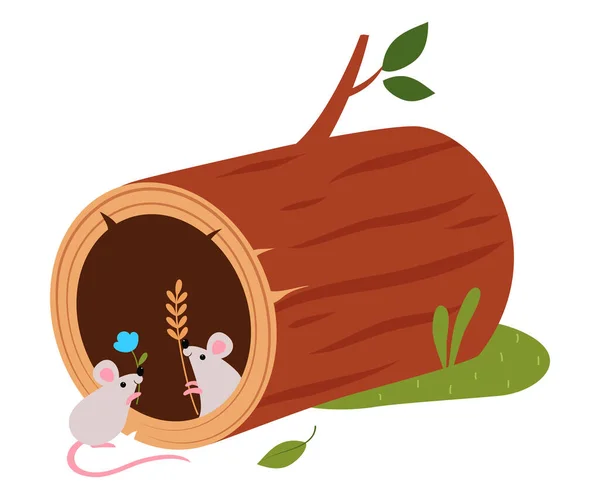 Funny Mice as Forest Animal Pepped Out from Hollow Log Vector Illustration — Stockový vektor