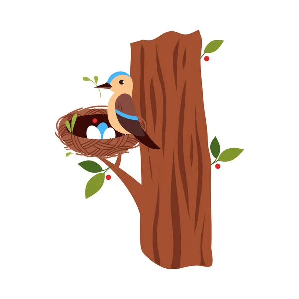 Cute Little Bird as Forest Habitant Sitting in Nest on Tree Trunk Vector Illustration — Stockový vektor