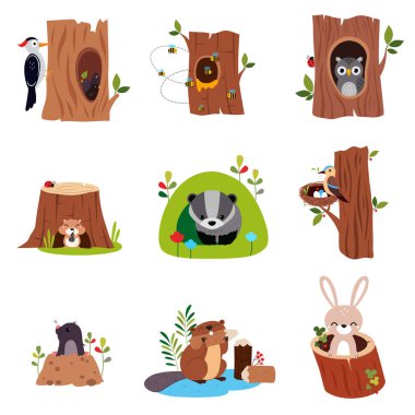 Cute Forest Animals Sitting in Burrows and Tree Hollows Vector Set clipart