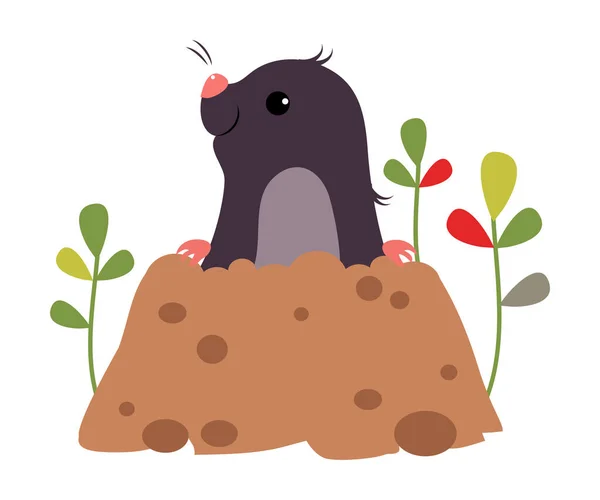 Funny Mole como animal del bosque asomándose de la ilustración del vector del agujero de la tierra — Archivo Imágenes Vectoriales