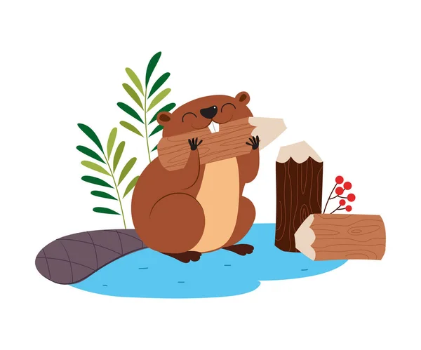 재미있는 비버 쥐 - 숲의 동물 Gnawing WoodVector Illustration — 스톡 벡터