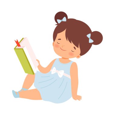 Küçük Kız Okuma Kitabı, Yerde Kitapla Oturan Sevimli Çocuk Okuma, Çocukların Eğitimi ve Hayal gücü Çizgi Film Biçimi İllüzyonu