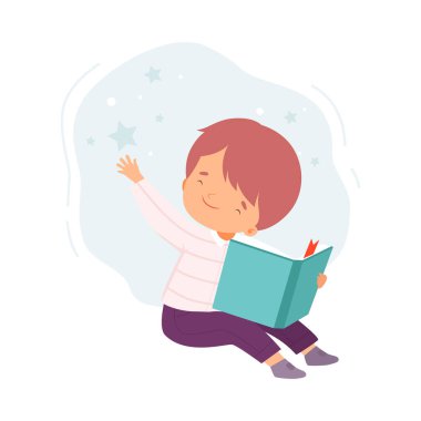 Yerde Oturan ve Okuyan Çocuk, Edebiyat Hayranı, Eğitim ve Hayal Gücü Çizgi Film Biçimi Çizim Vektörü Resimleri