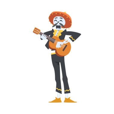 Meksika Geleneksel Kostümlü Erkek İskeleti ve Sombrero Şapkalı Gitar Müzik Enstrümanı, Dia de Muertos Ölü Çizgi Film Tarzı Vektör Resimleri Günü