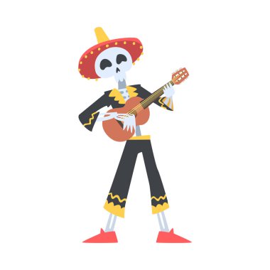 Meksika Geleneksel Kostümlü Erkek İskeleti ve Sombrero Şapkalı Gitar ve Dans Çalan Dia de Muertos Çizgi Film Stili Vektör İllüzyonu