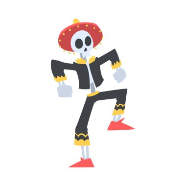 Meksika Geleneksel Kostümlü Erkek İskeleti ve Sombrero Şapka Dansı, Ölü Çizgi Film Tarzı Gösterimi Günü