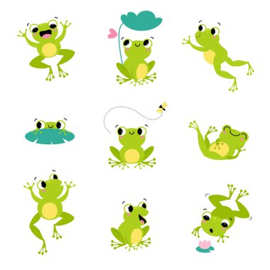 Cute Green Frog Smiling, Jumping, and Croaking Vector Set vector Cute Green Frog Smiling, Jumping, and Croaking Vector Set vector