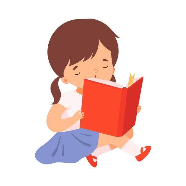 Schattig Meisje Leesboek, Schattig Kind Zittend op de vloer met boek, Literatuur Fan, Onderwijs en Verbeelding Concept Cartoon Style Vector Illustratie — Stockvector