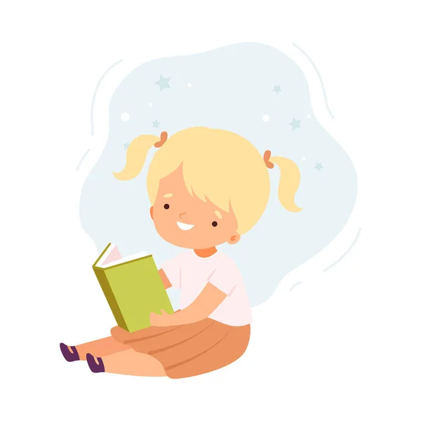 Hoş Sarışın Kız Kitap Okuma, Yerde Kitapla Oturan Sevimli Çocuk, Edebiyat Hayranı, Eğitim ve Hayal gücü Çizgi Film Biçimi Çizgi Roman Sanatçısı — Stok Vektör