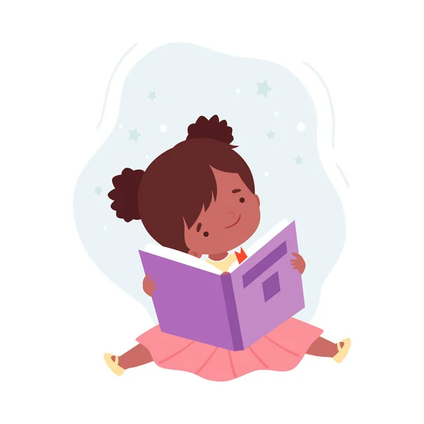 Sevimli Kız Okuma Kitabı, Yerde Kitapla Oturan Çocuk Edebiyat Hayranı, Eğitim ve Hayal gücü Çizgi Film Biçimli Vektör İllüzyonu — Stok Vektör