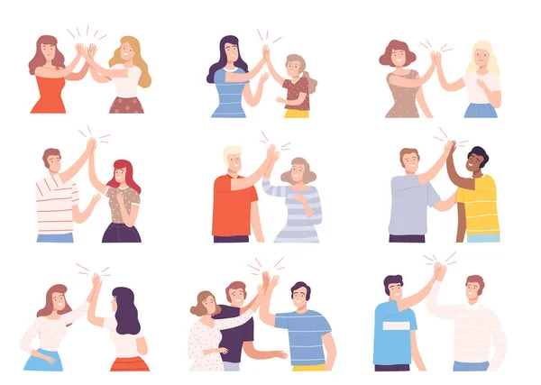 Gelukkige mensen personages geven High Five aan elkaar Vector Illustratie Set — Stockvector