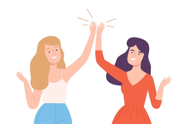 Gelukkig vrouwen geven high five naar elke andere vector illustratie — Stockvector