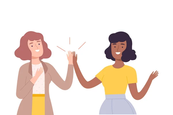 Gelukkig vrouwen geven high five naar elke andere vector illustratie — Stockvector