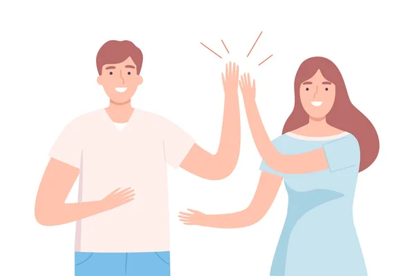 Excited Man and Woman Giving High Five to Each Other Vector Illustration — Stockový vektor