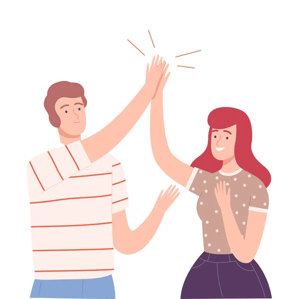 Young Man and Woman Giving High Five to Each Other Vector Illustration — Stockový vektor