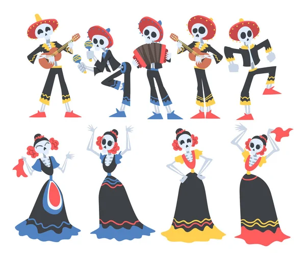 Skelett i mexikanska traditionella kostymer Dansa och spela musikinstrument Set, Dia de Muertos, Day of the Dead Cartoon Style Vector Illustration — Stock vektor